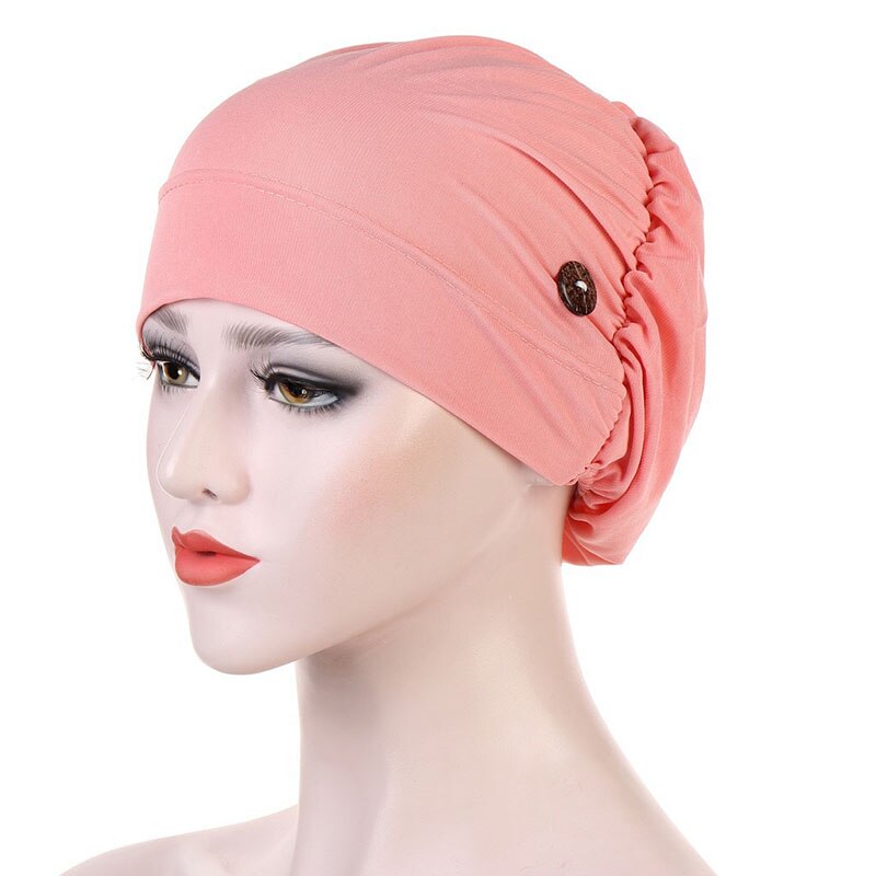 Women Turban With Button Simple Solid Color Head Wrap Mask Holder Headscarf Female Muslim Caps Ladies Casual Turbantes Headwear: Pink