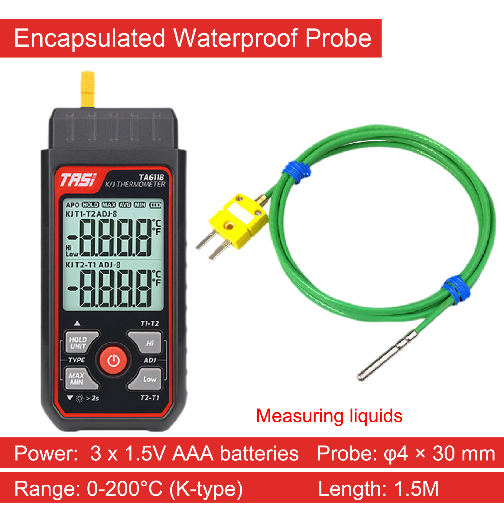 TA611A Single Channel K Type Thermocouple Thermometer High Precision Digital Surface Temperature Gauge with Contact Probe: Blue