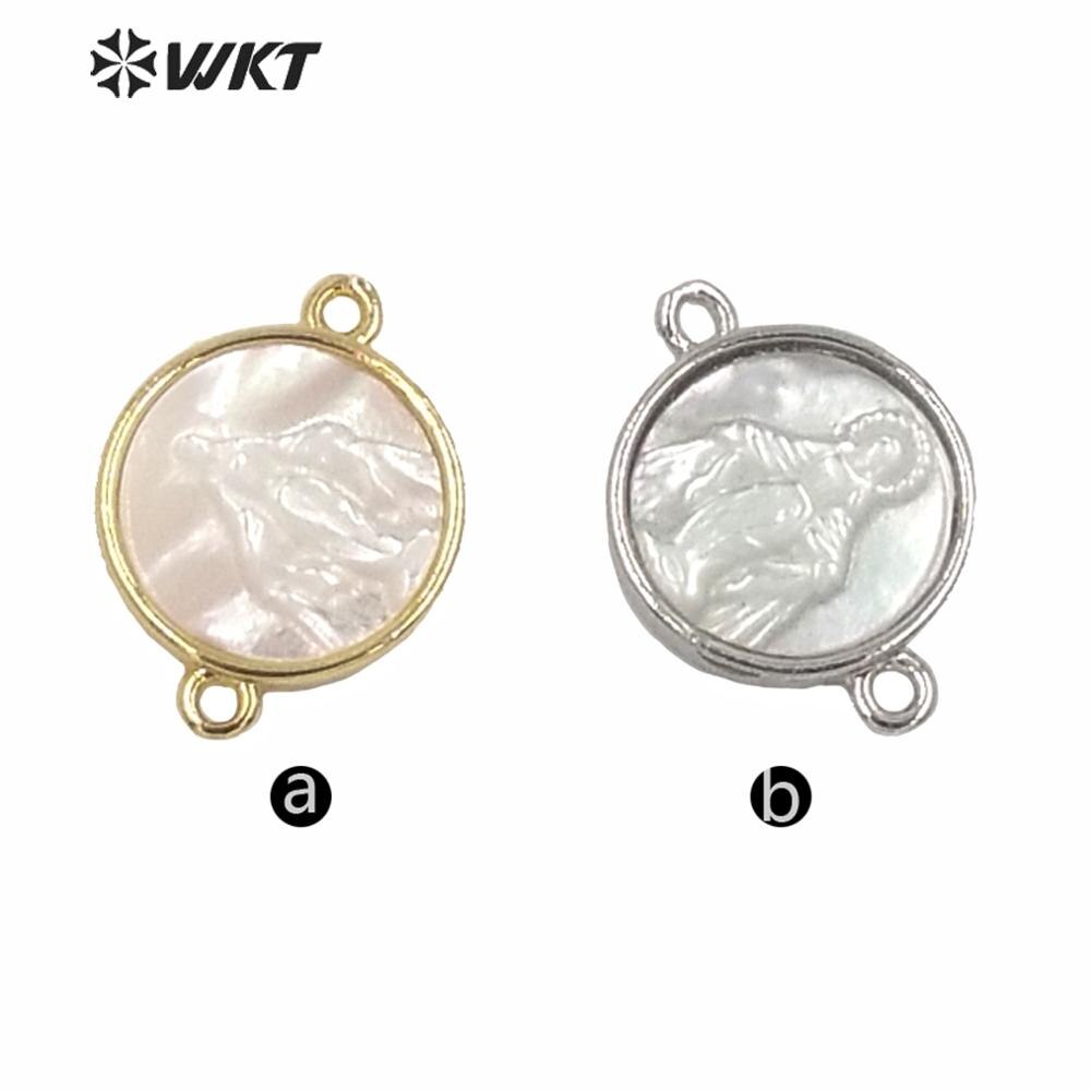 MP170 Religieuze Gold Metal Bezel Hanger Wit Shell Tiny Charm Jezus Connector Hanger Dubbele Haken Vrouwen Sieraden Shell