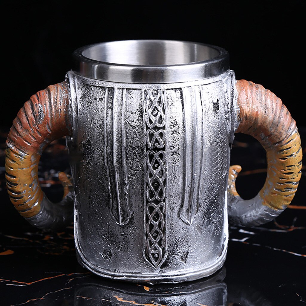 Stainless Steel Skull Mug Viking Ram Horned Skull Resin Beer Coffee Mug Travel Cup Tea Cup Drinkware Pub Bar Decor