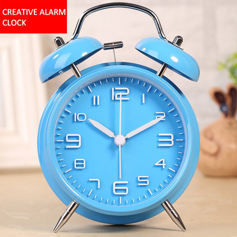 Reloj despertador de doble campana de 4 pulgadas para niños, cronógrafo de Metal con personalidad, , luminoso, para sentarse, decoración del hogar: Blue