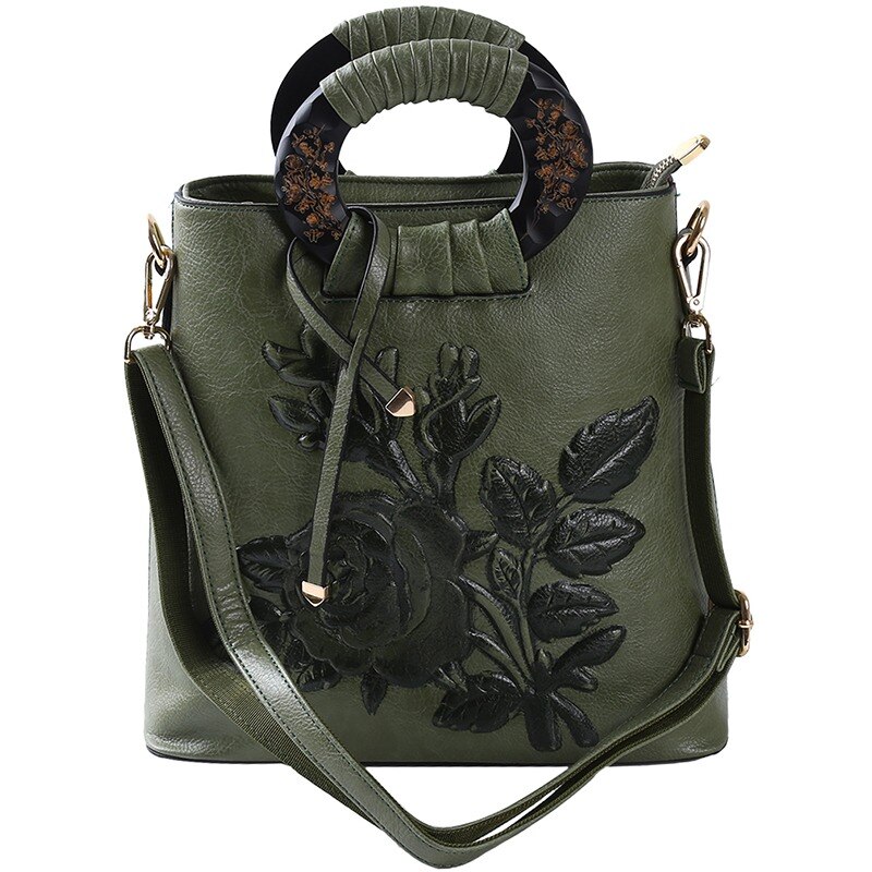 Sac à main rétro à motif de fleurs rouges pour femmes, asymétrique épaule, sacoche en cuir gaufré, sacoche seau, sacoche chinoise,