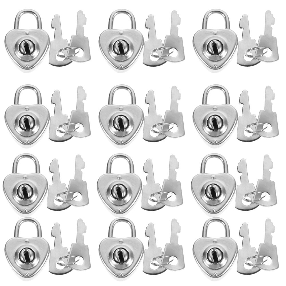 12pcs Mini Rustproof Versatile Padlock Heart Shaped Locks Diary Lock with Keys: Silver