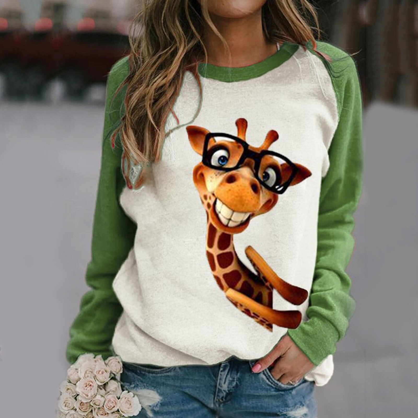 Femmes col rond confortable girafe imprimé ample haut manches longues femme pull décontracté sweat-shirt