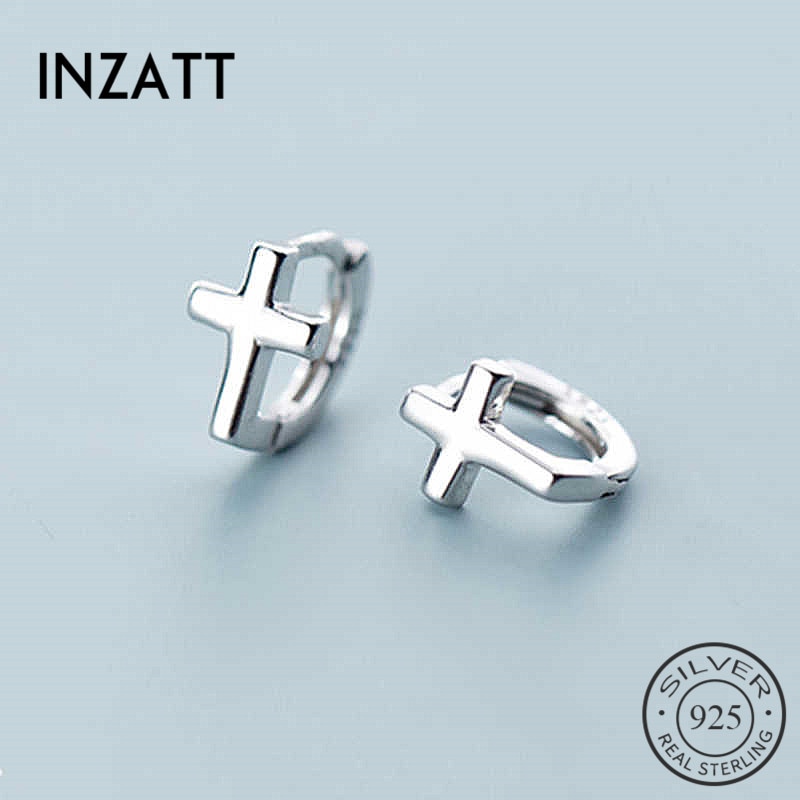 INZATT Real 925 Sterling Silver Geometric Cross Hoop Earrings For Women Party Fine Jewelry Minimalist Accessories