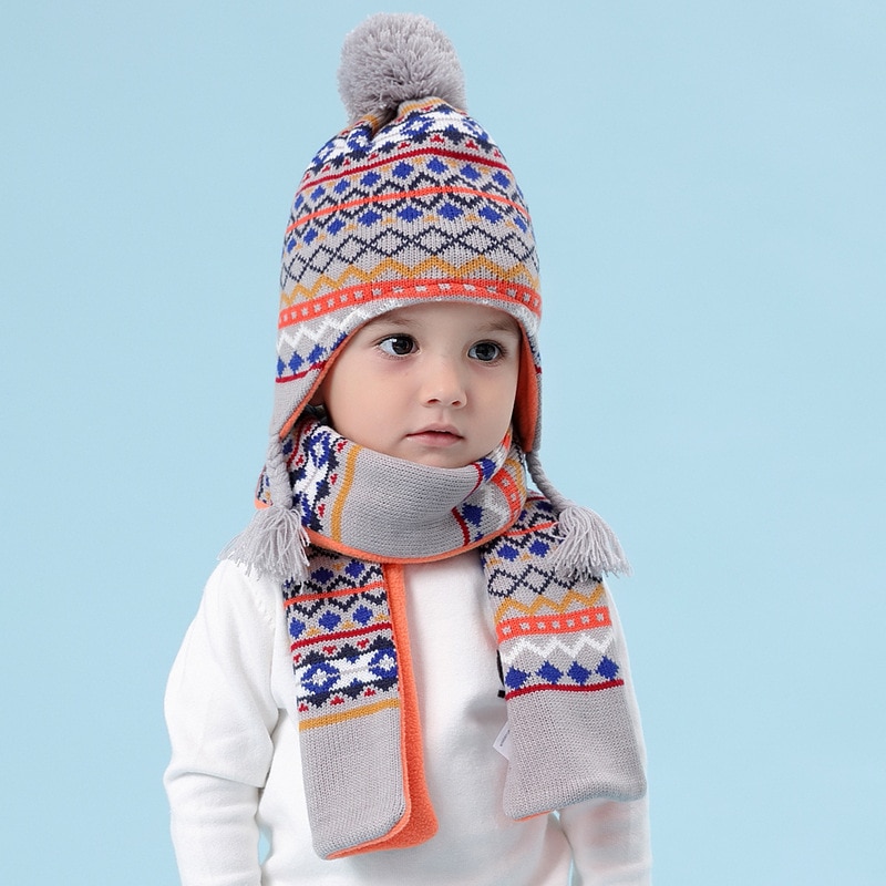 Kids Knitted Hat Scarf Children Winter Warm Hat Ear Protection Child Ear Protect Cap Warmth Sweaters Boy Snow Cap Scarves B-9487