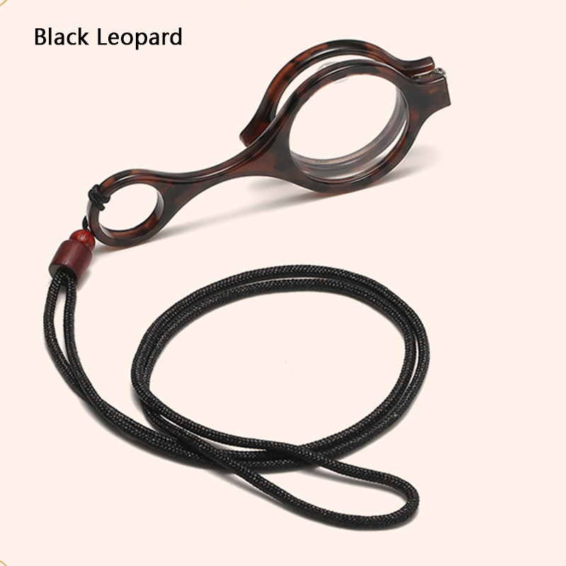 Colgante plegable para gafas de lectura, lupa portátil para prevenir pérdida, collar redondo/ojos de gato, gafas de prebicia, con cadena: Black Leopard / +300