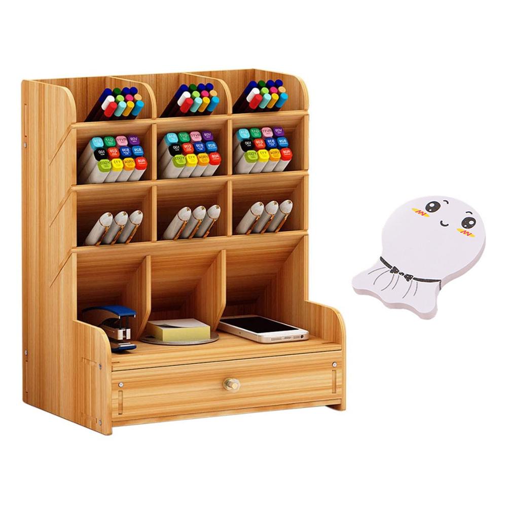 Organizador de Mesa de madeira DIY Caixa Rack de Armazenamento com Gaveta de Lápis Caneta Titular bloco de Notas para o Escritório Da Escola Para Casa e Jardim: Supplies Yellow
