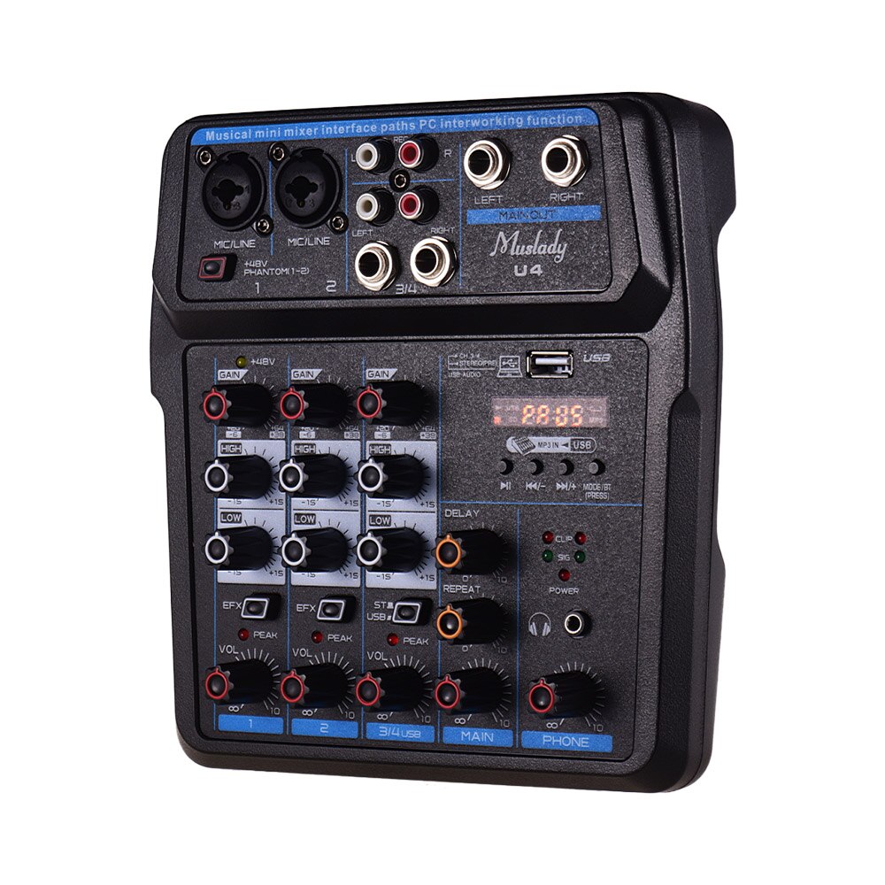 Muslady-mezclador de Audio U4 portátil, 4 canales, BT, USB, consola de mezcla con tarjeta de sonido integrada, 48V, Phantom Power, enchufe de la UE/EE. UU.
