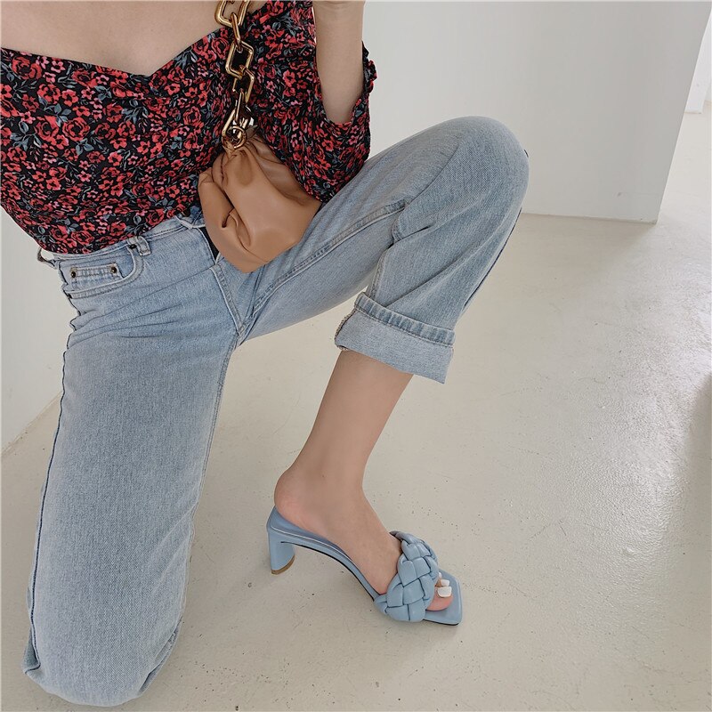 Kvinnor skor tofflor klackar fyrkantig tå låg slides godis färger hög mjuk block pu tyg grundläggande rom blommig gummi pumps