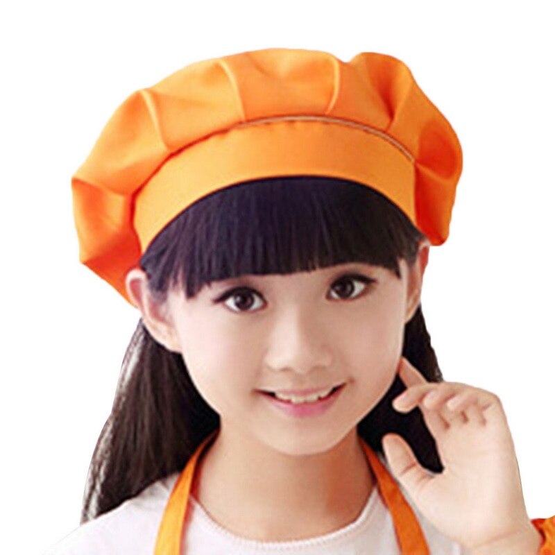 Girls Boys Hat Children Cooking Baking Kitchen School Children Bib Headwear Solid Caps DIY Painting: orange