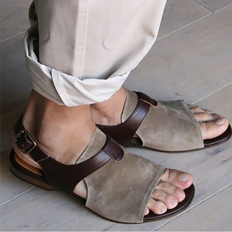 Sandalias romanas informales para hombre, zapatos planos Retro de Punta abierta para playa, sandalias de gladiador con cinturón y hebilla, talla grande, verano,: grey / 45