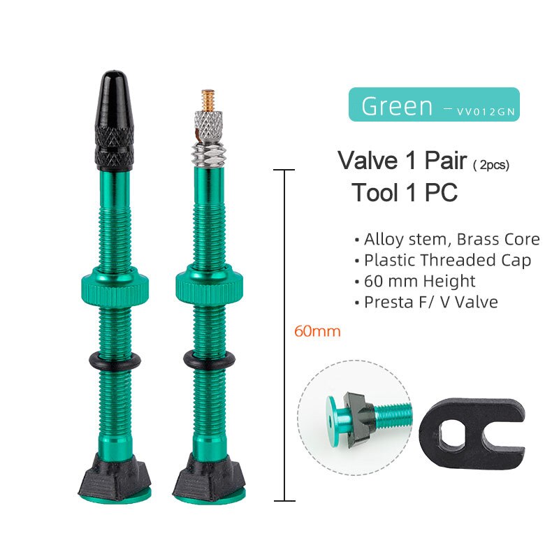 Bicicletta 1 paio 40/45/60mm Presta Valve per strada Tubeless Rim nucleo in ottone con tappo e strumento: 60mm Alloy Green