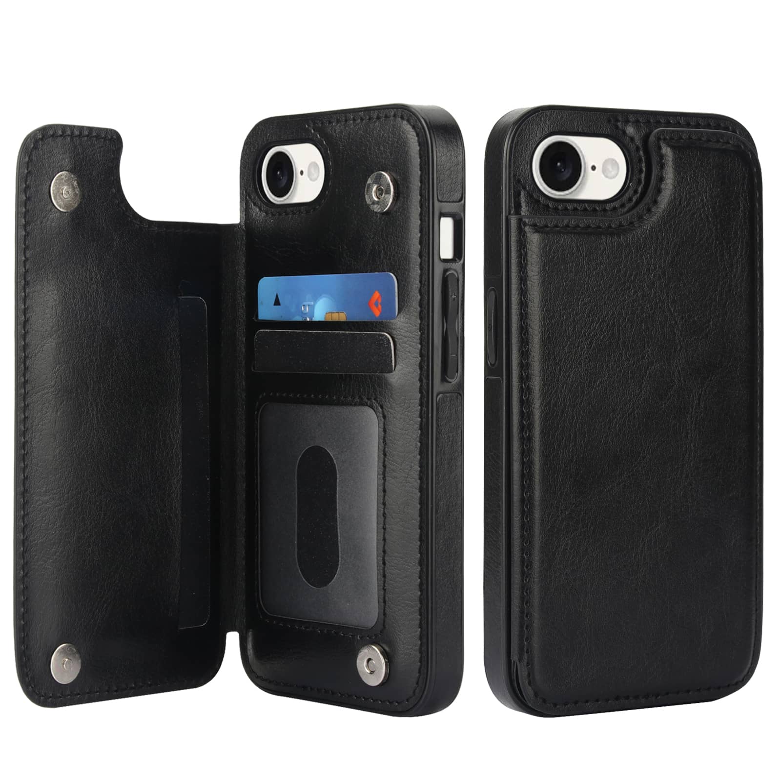 For iPhone 16e Wallet Case With Card Holder, PU Faux Leather Kickstand Card Slots,Double Magnetic Clasp Durable Cover: black