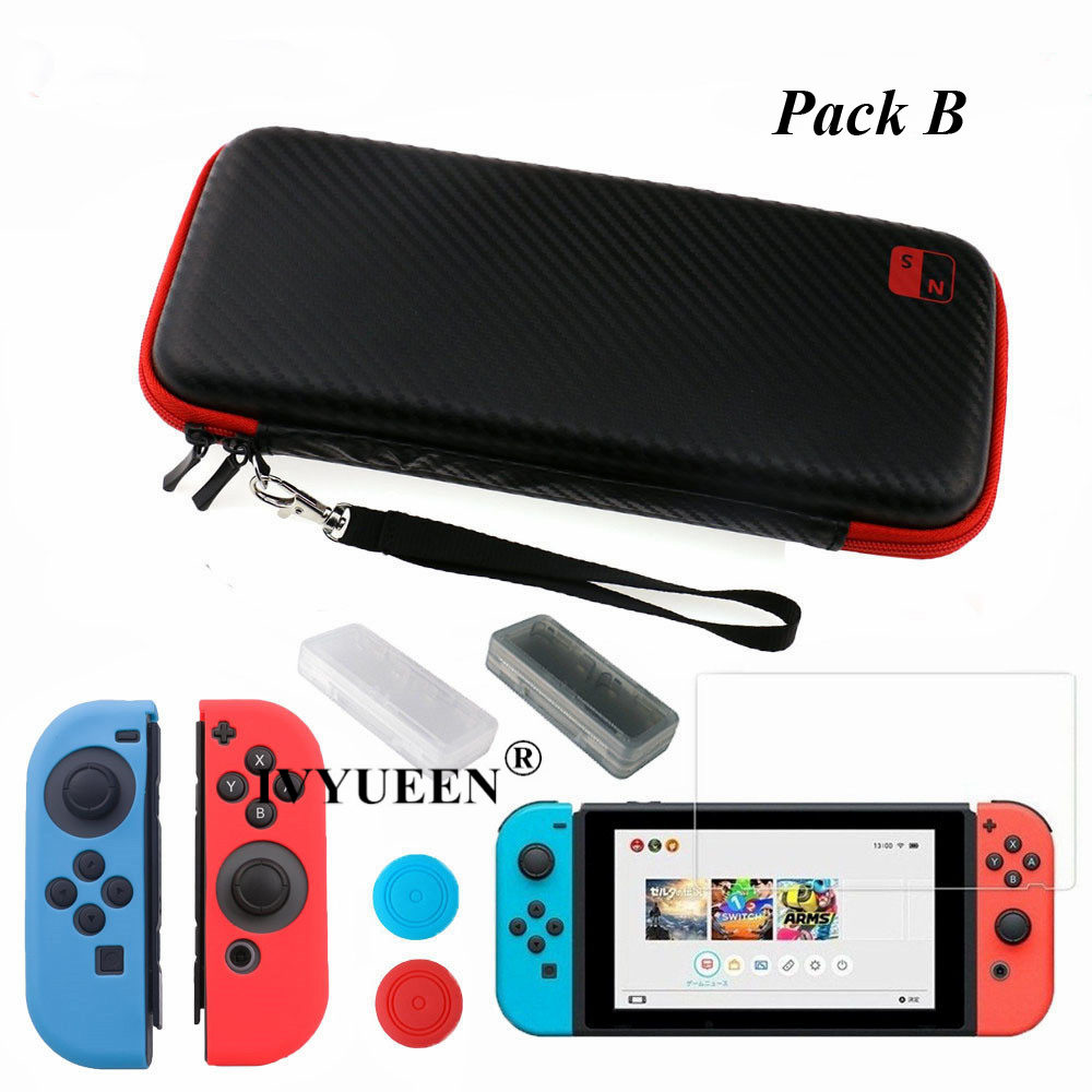 IVYUEEN para la consola Nintendo Switch NS bolsa de almacenaje de transporte protector de pantalla de vidrio templado Shell + funda de silicona para Joy-Con: Pack B