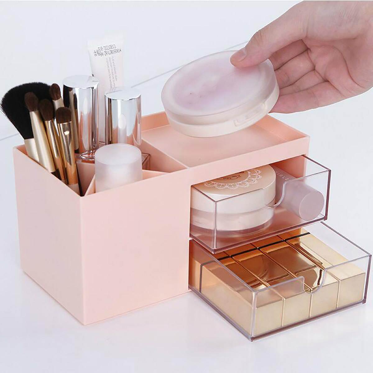 Computer Monitor Heightening Stand PP Material Laptop Keyboard Base with Drawer Makeup Brush/Pen/Stationery Desktop Organizer: Storage Box-Pink