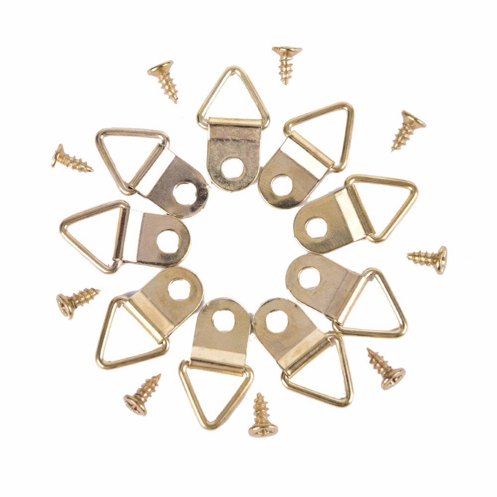 100 stuks/partij gouden fotohangers messing driehoek fotolijst wandmontage hanger haak ring ijzer