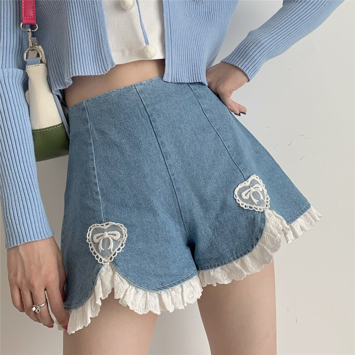 Joinyouth pantalones cortos pijo Coreano corazón Kawaii de Jean Pantalón corto de pierna ancha dulce estudiante japonés High Waisted Shorts pantalones cortos de mezclilla de las mujeres: M