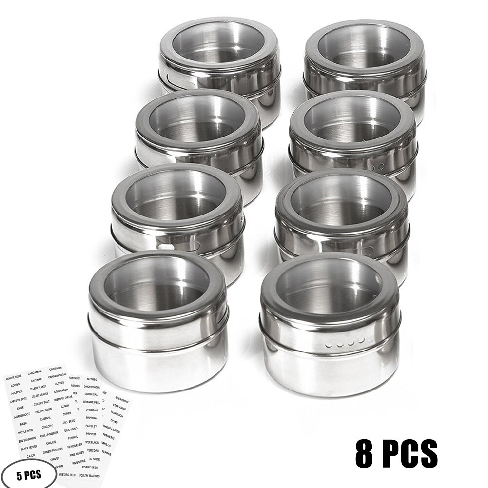 Couvercle clair magnétique pot à épices ensemble en acier inoxydable Sauce aux épices récipient de stockage pots cuisine D6: 8pcs(add 5 labels)