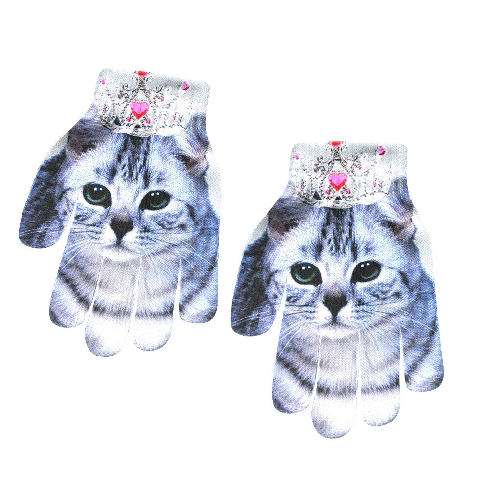 Sagace moufles hiver enfants 3d Animal imprimer tricoté gants Kitty chiot Animal mignon coton confortable gants Luva: C