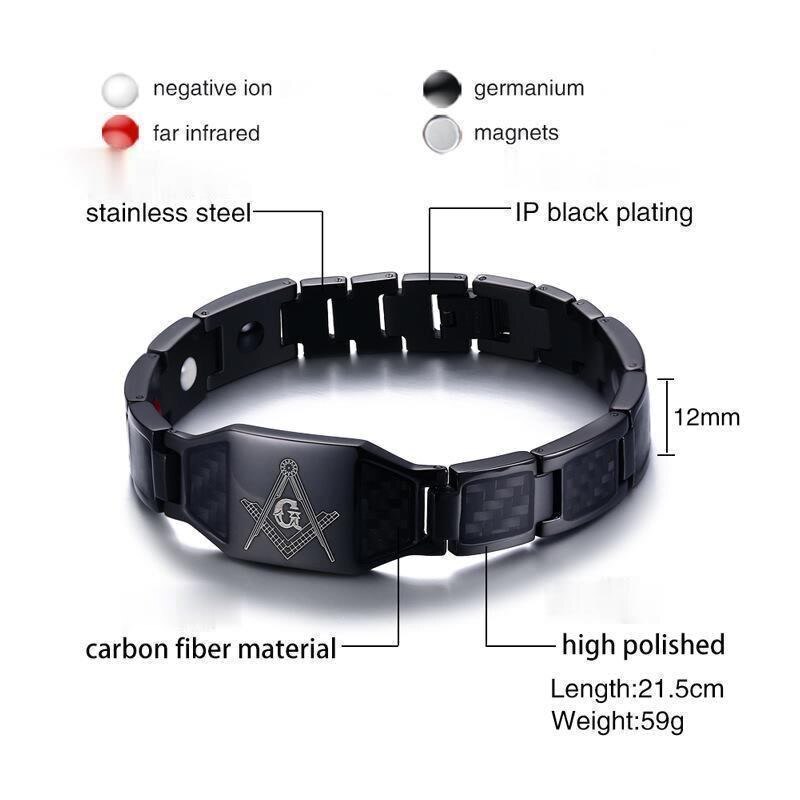 Vier In Een Mannen Freemasons Magnetische Therapie Armband Biologische Magneet Gezondheidszorg Pijnbestrijding Anti Straling Polsband: Black