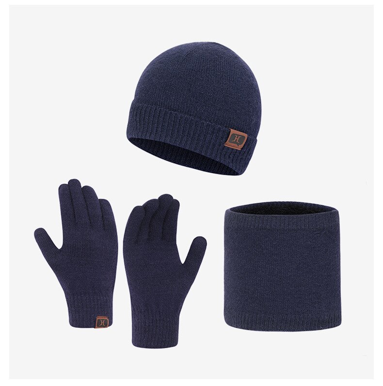hommes femmes écharpe chapeau gants ensemble trois pièces hiver ensemble femme chapeaux écharpes hommes unisexe bonnets bonnet tricoté: Navy Blue