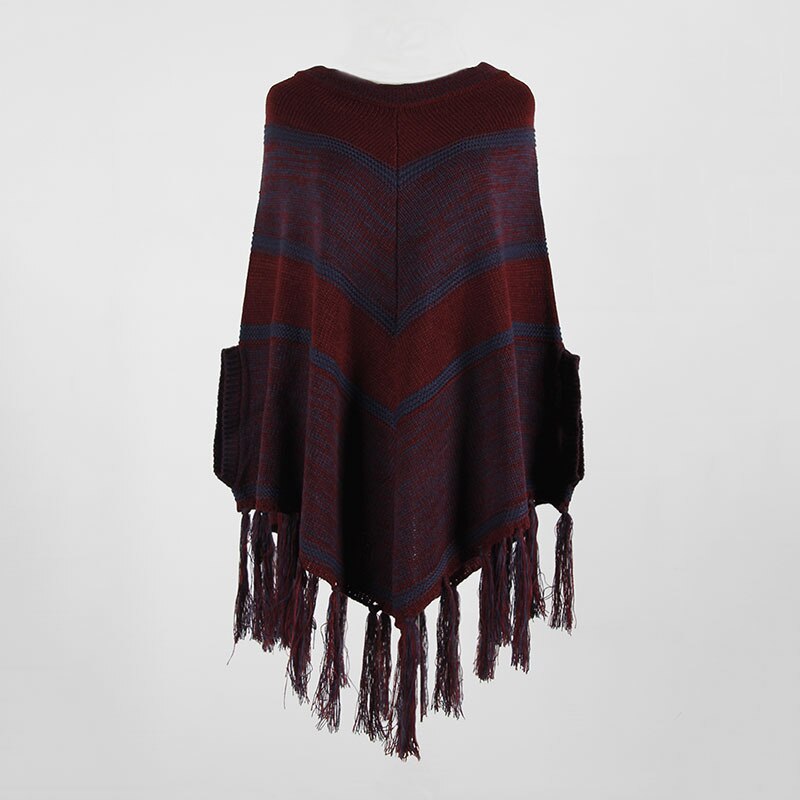 Autumn winter strip Cloak shawl Pullover knitted sweaters women Fringed cloak shawl geometric color matching sweaters women: dark red