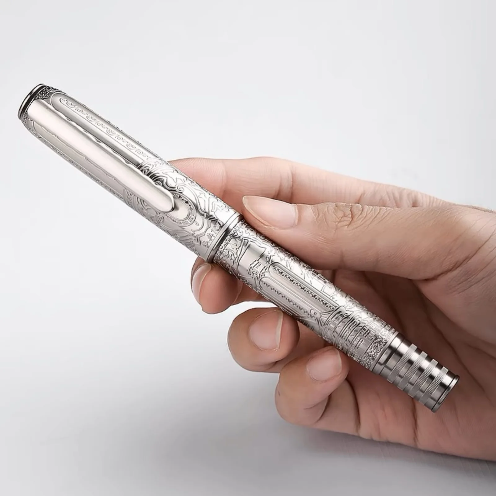 Pluma estilográfica Hongdian 100 de pistón Iridium EF/F/M/punta de cuchillo largo, hermosa pluma de de escritura grande con grabado de Metal