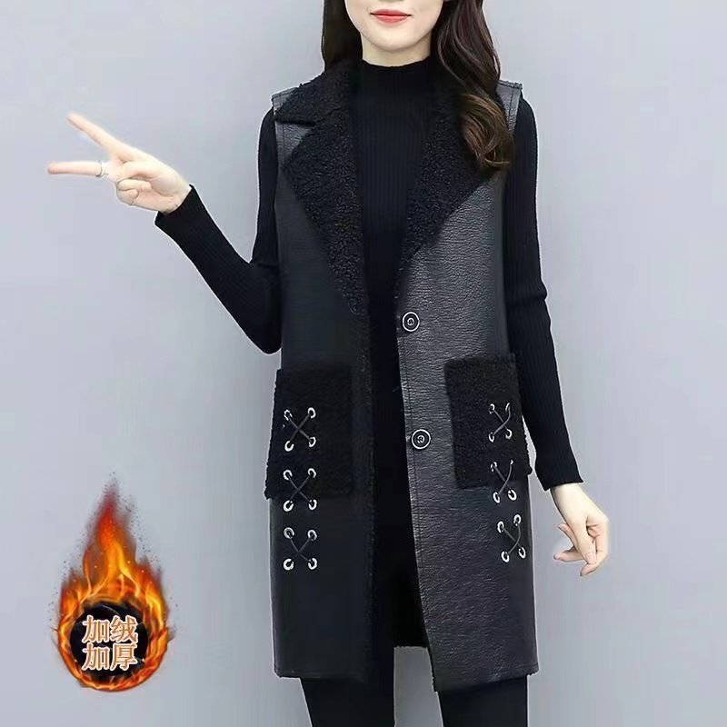 Gilet in pelle PU female2024autunno inverno nuovo gilet lungo giacca senza maniche spessa di alta qualità donna Top Overwear di grandi dimensioni: XL