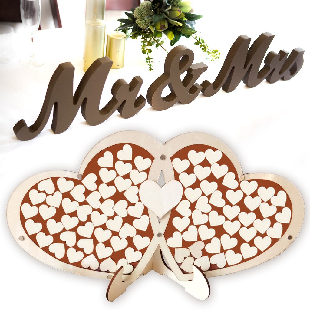 Signe de livre d'or de mariage Double cœur Unique avec 100 cœurs en bois, décor rustique