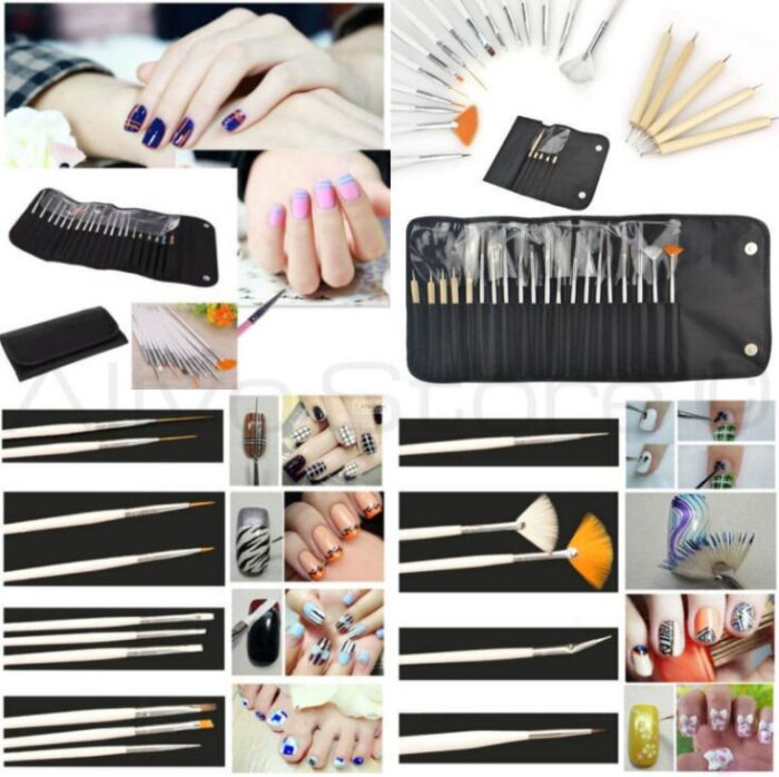 20 stk nail art børster med pose negl uv gel pensel prikkepen til manicure værktøj sæt pensler tegne maling kit