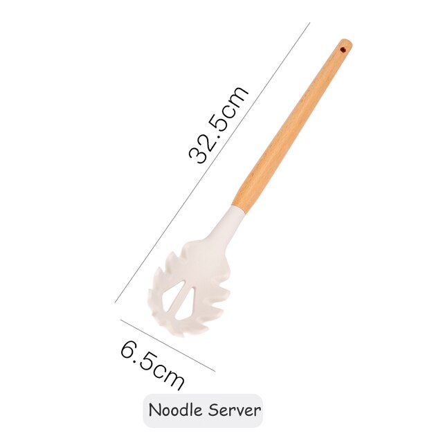 White Cooking Utensils set Silicone Kitchen Tools Set with Wood handle for Nonstick Cookware Kitchen set with Spatula/Spoons: Noodle Server