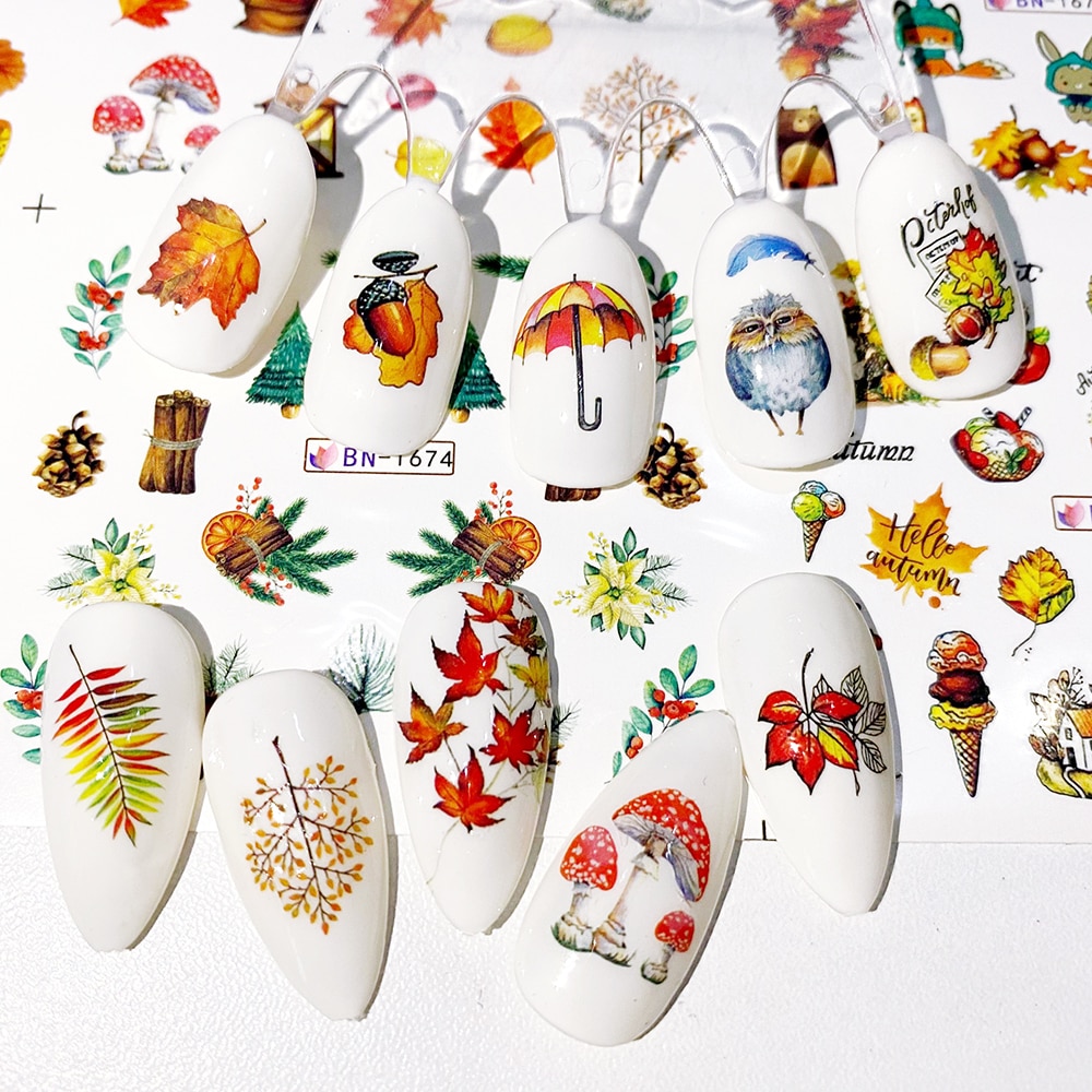 12 Designs Fall Maple Leaves Nail Art Stickers Water Decals Sliders Foil Autumn For Nail Manicure BN1669-1680