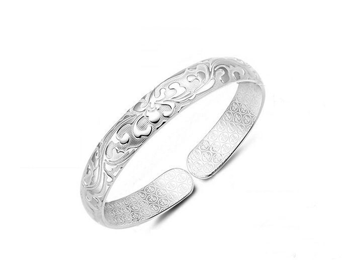 3PCS Bright Silver Color Plate Cuff Bangle Bracelet: Floral Design
