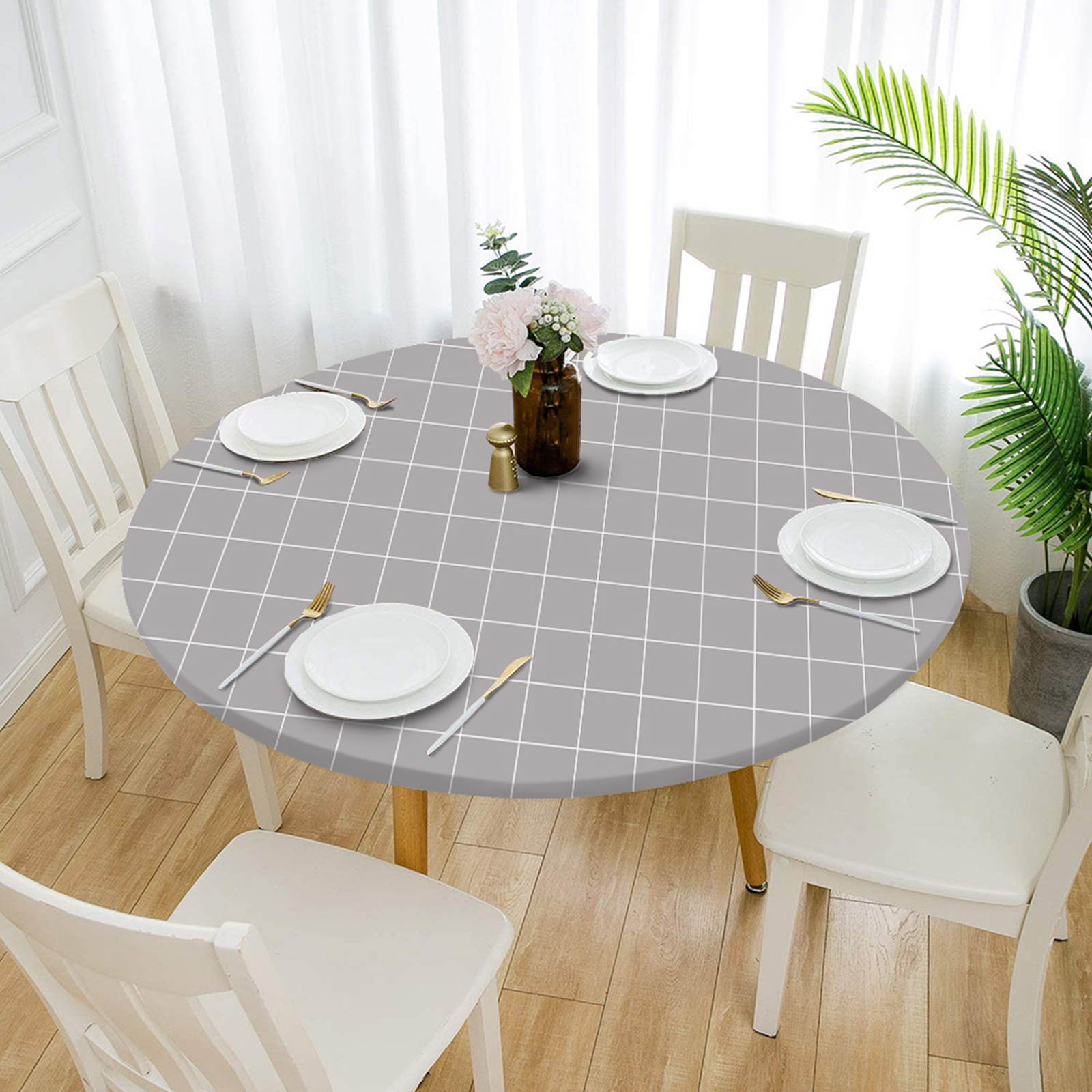 Fitted Polyester Table Cloth Elastic Edged Decoration Water Resistance Dinner Table Cover Dust Proof Protector Wipe Clean: Gray 80cm