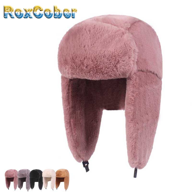 RoxCober Winter Fur Bomber Hats Russian Female Thicker Warm Hat Solid Pink Soft Windproof Ear Flap Ushanka Gorro Bomber Hat