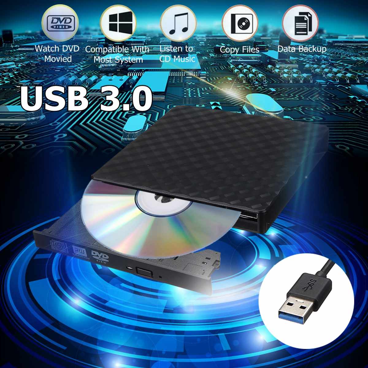 Lecteur de DVD RW CD externe USB 3.0, graveur de Grain de carbone, lecteur optique blanc noir pour PC portable