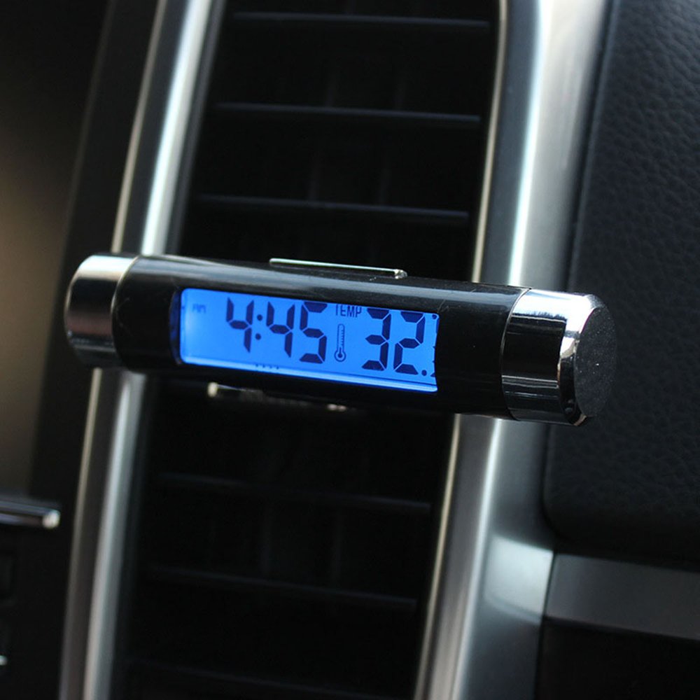 2 In 1 Car Vehicle LCD Digital Display Automotive Thermometer Clock Portable Car Air Vent Outlet Clip-on LED Backlight