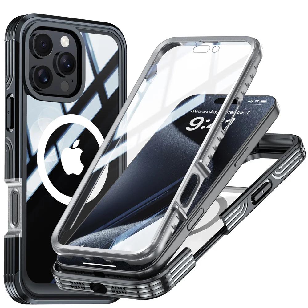 Full Body Bescherming Magnetische Case voor iPhone 16 Pro Max 16e 15 Plus Cover Gehard Glas Magsafe Schokbestendig Fundas Coque Capa: Denim / Black