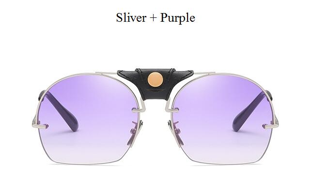Gafas de sol de de Vintage de corte Semi-sin montura, hombres y mujeres de cuero para Gafas de sol, Gafas de sol con montura metálica, Gafas de sol masculinas Retro: Sliver Purple