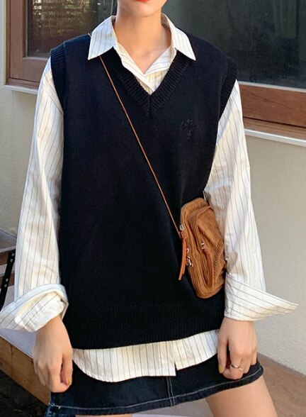 Chaleco de punto holgado sin mangas bordado de estilo colegial japonés, 8 colores , chaleco, suéteres de punto para mujer (X1135): Black