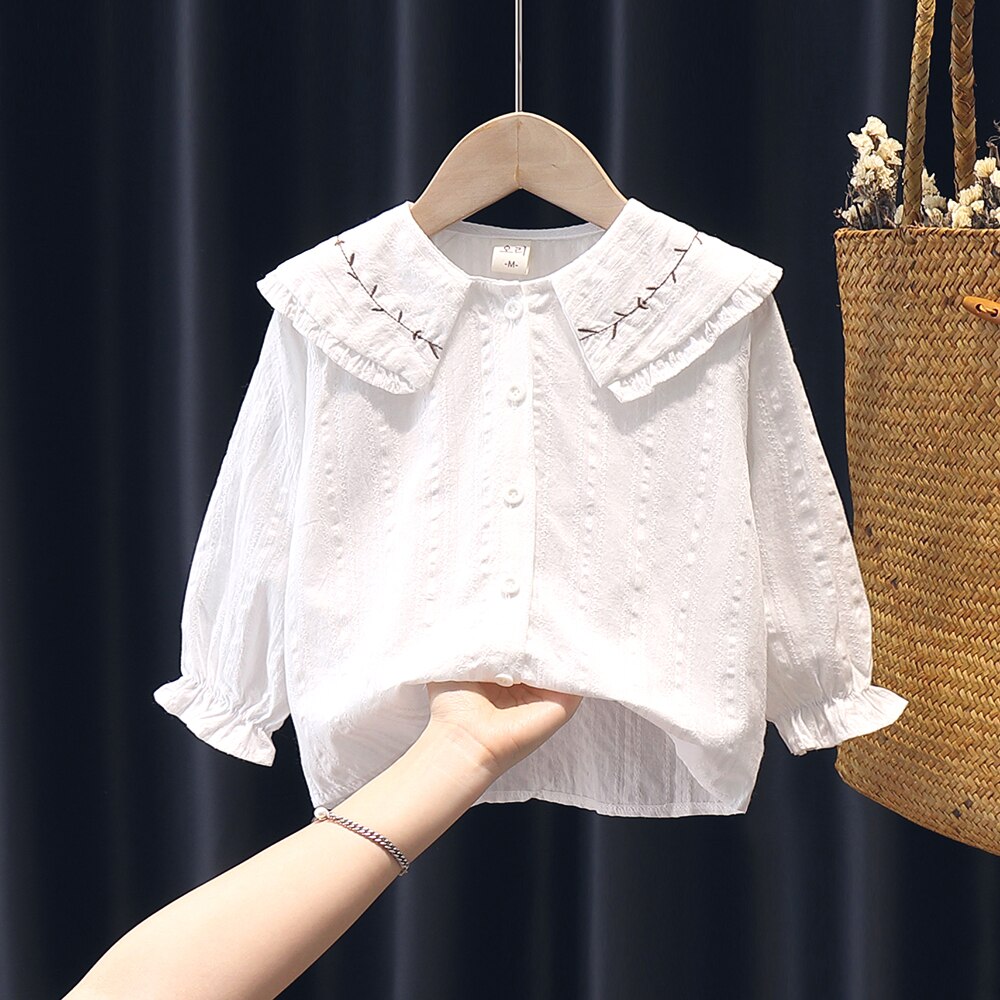 Camisas de manga larga para niños y niñas, Tops de algodón bordados, blusa blanca a la , ropa de primavera y otoño para adolescentes