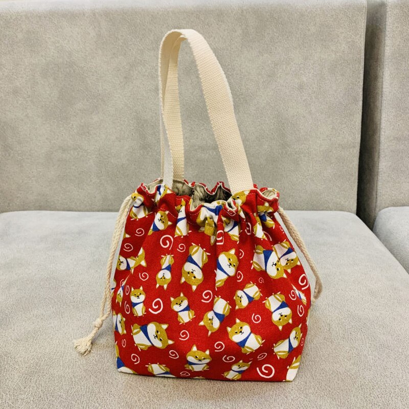 Japanse lunchbox tas cartoon schattige bedrukte canvas stof trekkoord werkende lunchtas
