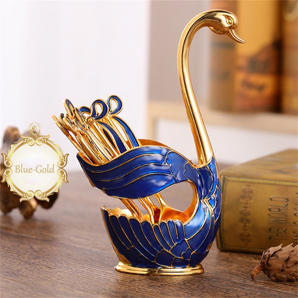 Luxe Metalen Koffie Dessertlepel Set Zwaan Base Houder Met 6Pcs Ijs Lepels Vorken Theelepels Dessert Suiker Salade bestek: Blue-Gold 6 spoons