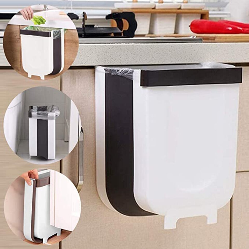 Collapsible Hanging Waste Bin, Kitchen Food Garbage Bucket, Under Countertop Sink Rubbish Accessories: WHITE / 6L