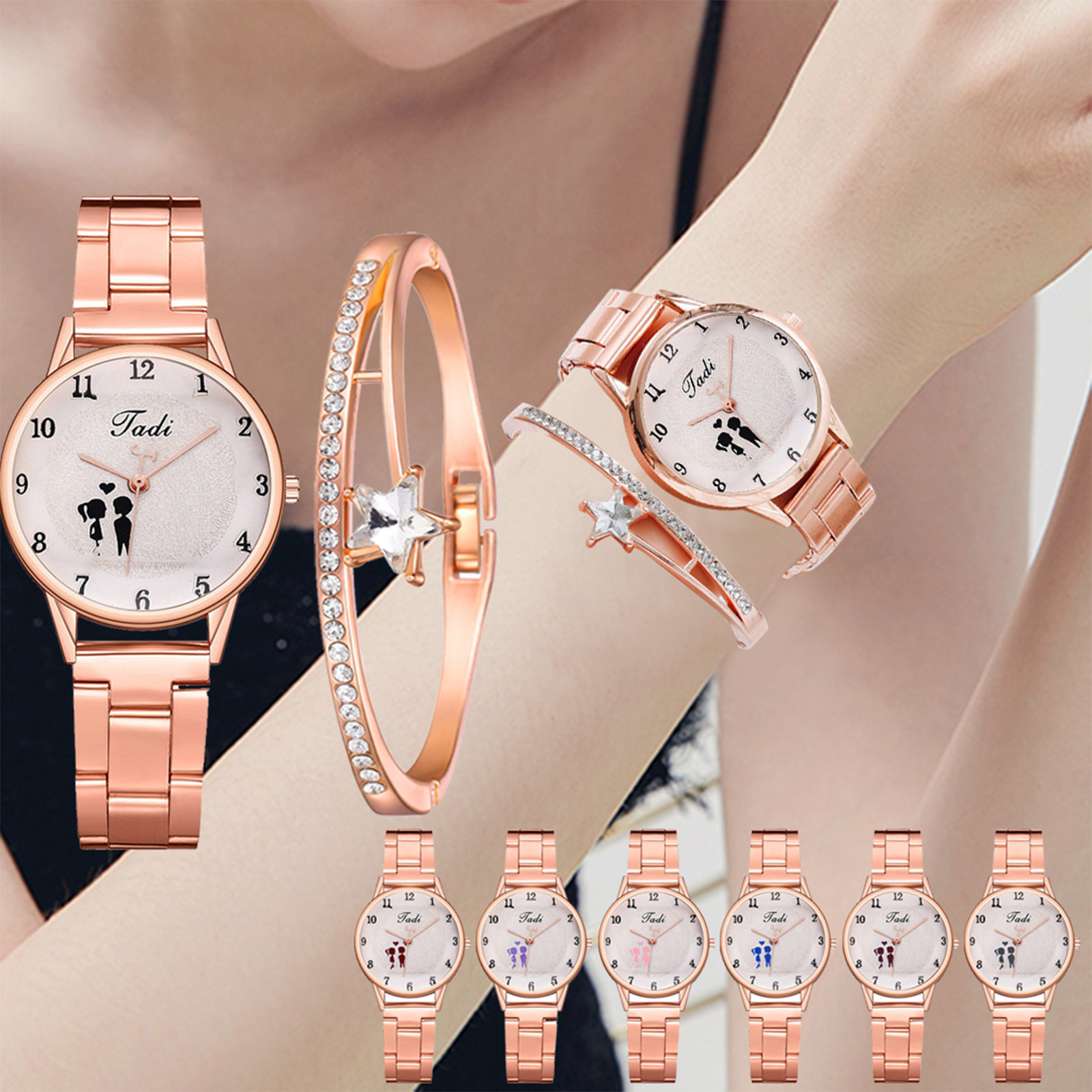Vrouwen Quartz Horloges Mode Dames Stalen Band Armband Horloge Set Elegante Geometrische Armband Dames Populaire Horloge Armband