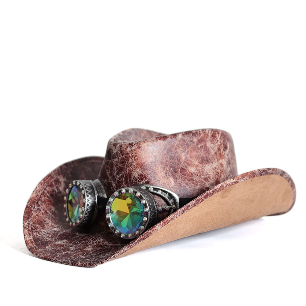 Men Women Leather Western Cowboy Hats With Punk Glasses Jazz Hat Sombrero Hombre Cowgirl Hat Size 58-59CM: Default Title