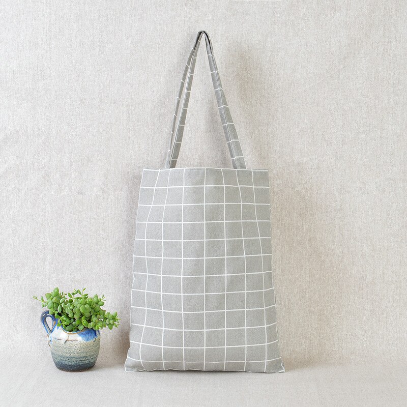 Sac à bandoulière en coton pour femmes, sac de Shopping Durable, fourre-tout à carreaux en toile de lin, sacs de Shopping à la ,: Gris