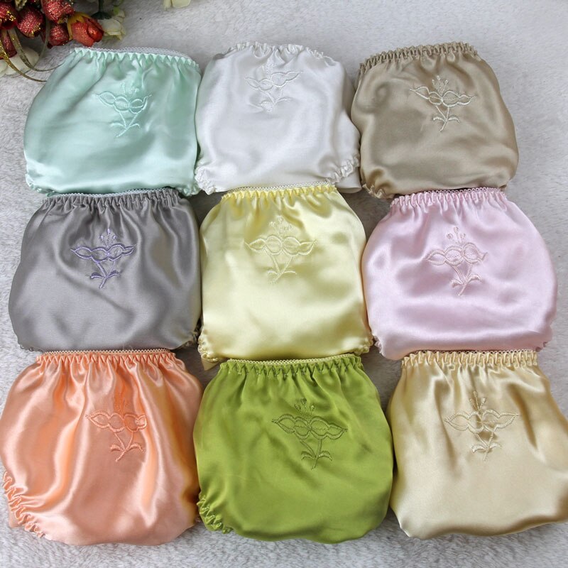 Women Silk Satin Panties Female Floral Embroidery Underwear 3psc Pack Ladies Knickers Briefs: Embroidered randomly / L