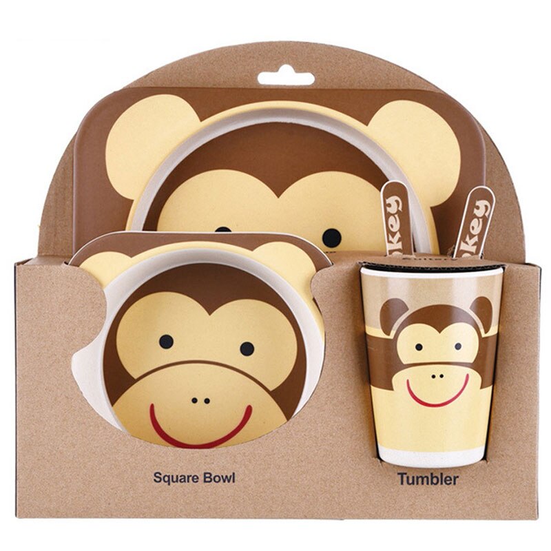 Baby Bamboe Voerbak Bpa Gratis Gerechten Vork Lepel Cup 5Pcs Serviesje Fad Kinderen Servies Kids Scheiding Voeden plaat: Sky Blue